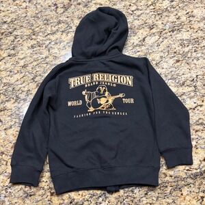 True Religion Kids Black Gold Buddha World Tour Zip Up Hoodie Size M 5/6